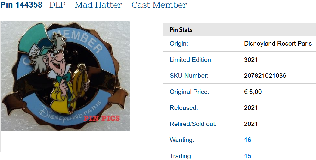 Mad Hatter (Alice) Cast Member LE Disney Land Paris Dlrp Dlp Sept 2021 pin