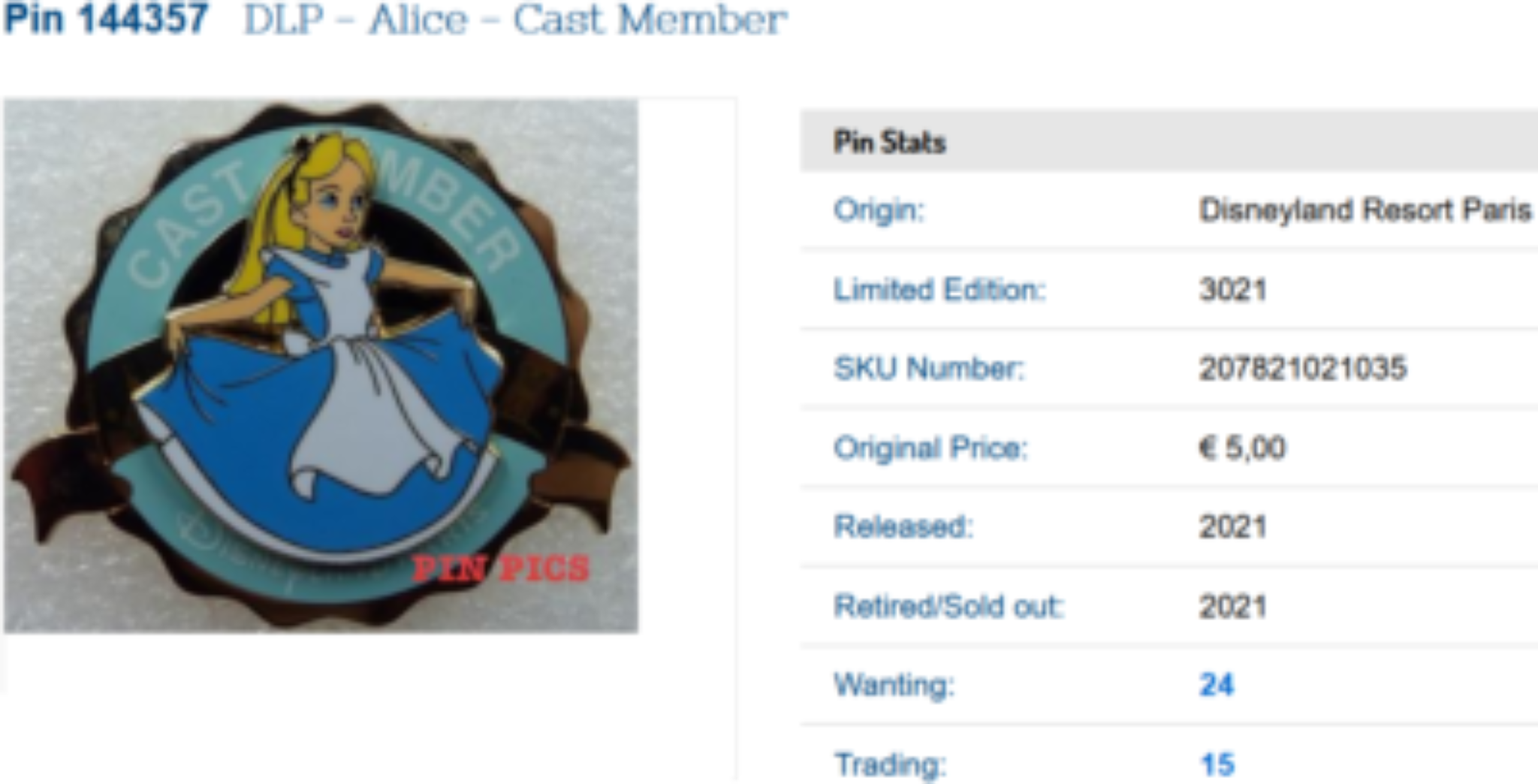 Alice Cast Member LE Disney Land Paris Dlrp Dlp Sept 2021 pin