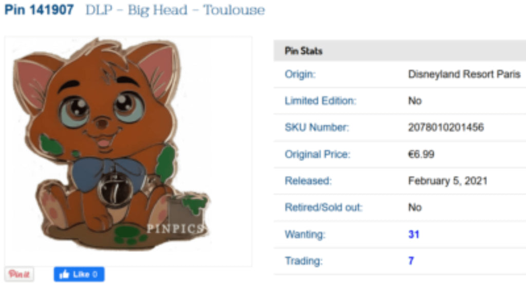 Big Head Mini Child Cute Series Toulouse Aristocat Disney Paris Dlp 2021 Pin
