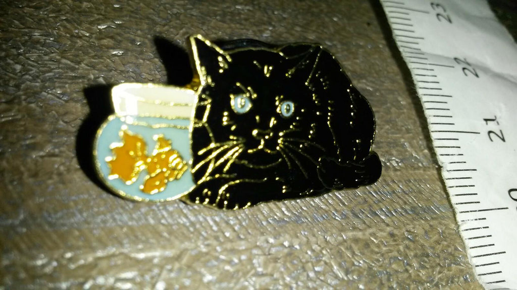 Black Cat watching Red Fish in aquarium Pin