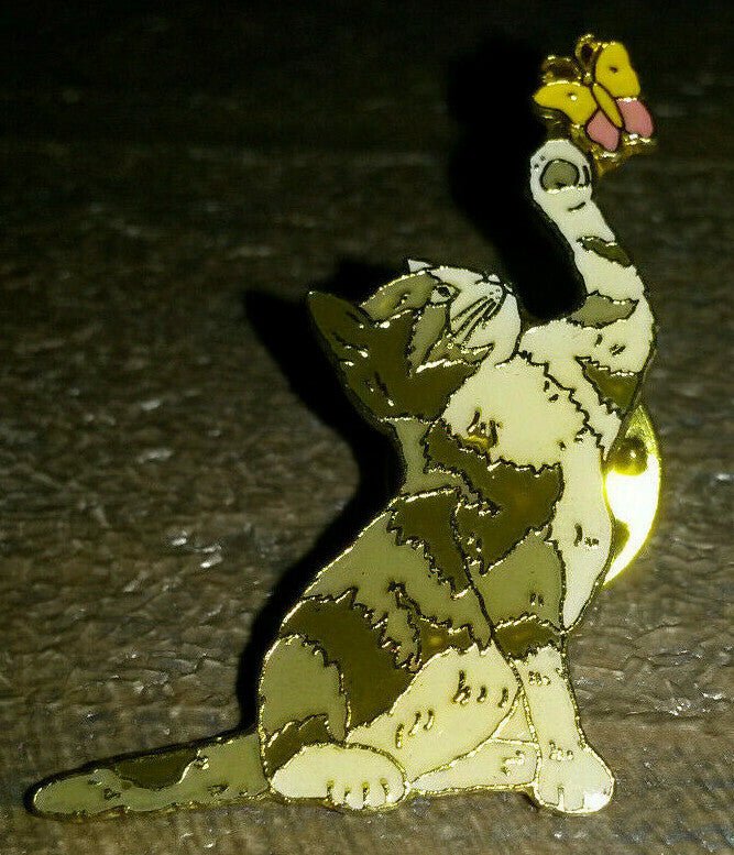 Cat Grey and White playing with butterfly Pin