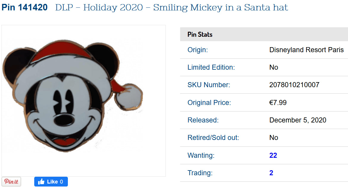 Christmas Mickey in Santa Hat Disney Land Paris Dlrp Dlp 05/12/ 2020 Pin