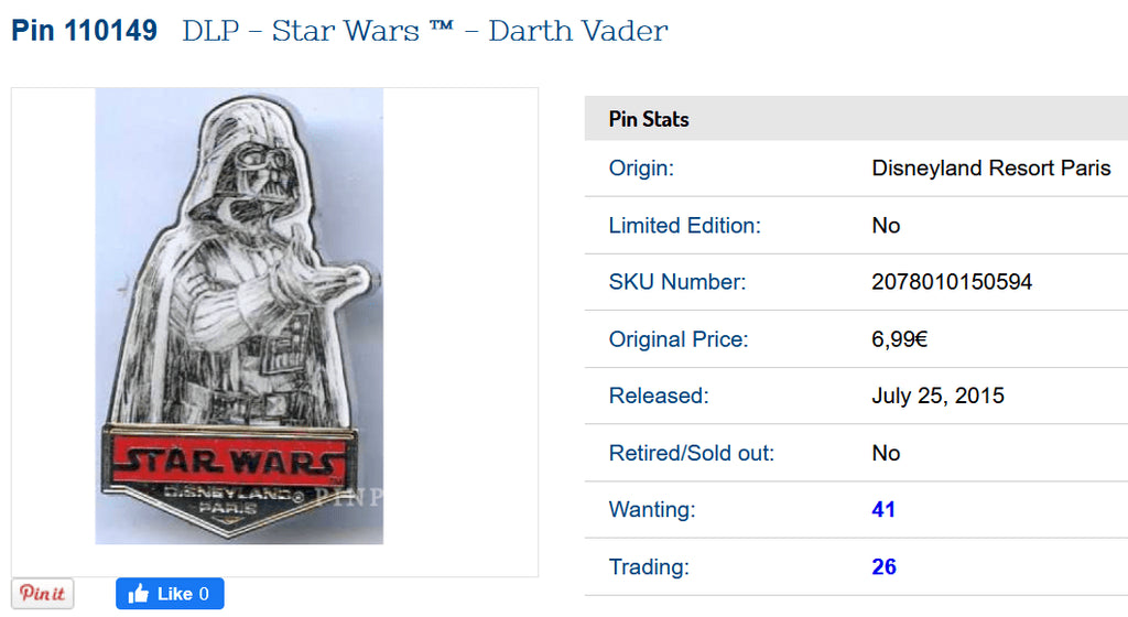 Darth Vader (Dark Vador) Sketched Star Wars Disney Land Paris Dlrp Dlp 2015 Pin