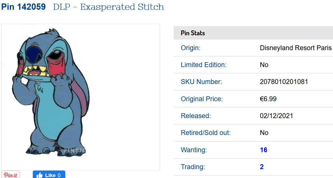 Exasperated Stitch (Lilo and) Disney Land Paris Dlrp Dlp 12/02/ 2021 Pin
