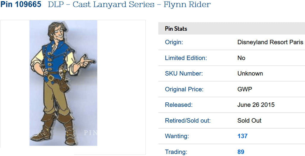 Flynn Rider Tangled Cast Lanyard Series Disney Land Paris Dlrp Dlp 2015 pin