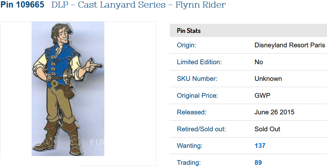 Flynn Rider Tangled Cast Lanyard Series Disney Land Paris Dlrp Dlp 2015 pin