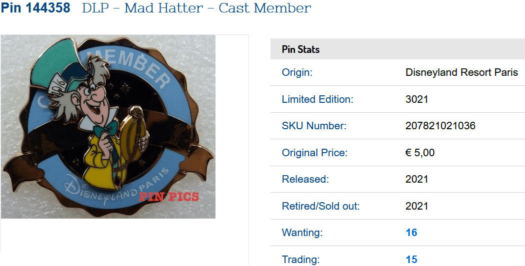 Mad Hatter (Alice) Cast Member LE Disney Land Paris Dlrp Dlp Sept 2021 pin