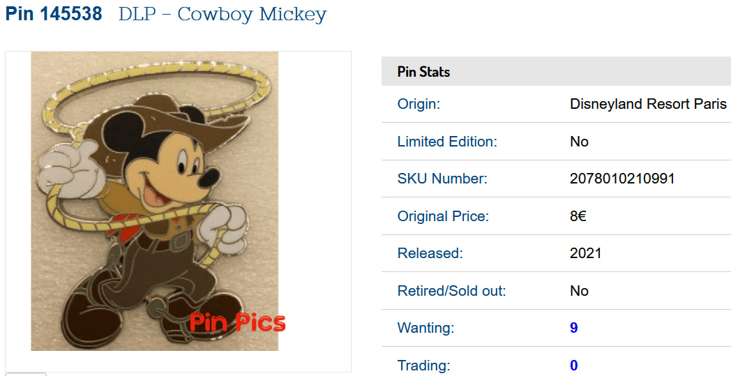 Mickey Cowboy with Lasso Disney Land Paris Dlp Dlrp November 2021 Pins