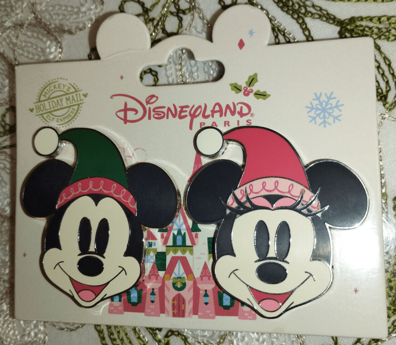 Mickey & Minnie Heads Set Wearing Elf Hats Disney Paris DLP Christmas 2024 Pins