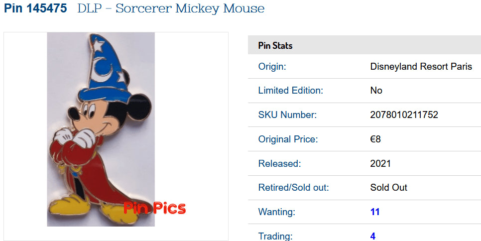 Mickey Sorcerer Fantasia Disney Land Paris Dlp Dlrp November 2021 Pin