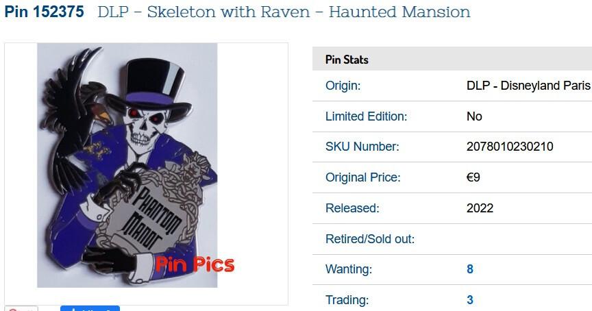 Skeleton with Raven Phantom Manor Haunted Mansion Disney Paris DLP Oct 2022 Pin