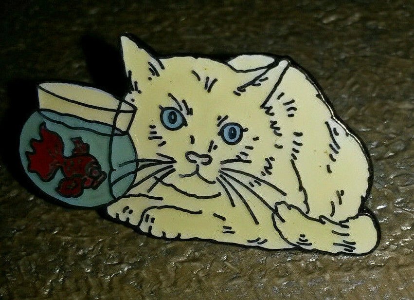 White Cat watching Red Fish in aquarium Pin
